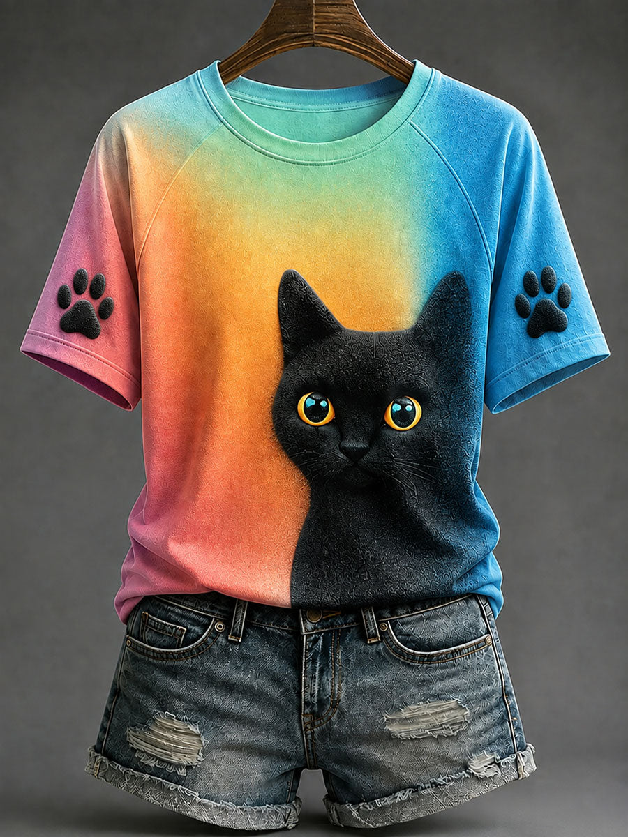 Women's Colorful Black Cat Casual T-Shirts