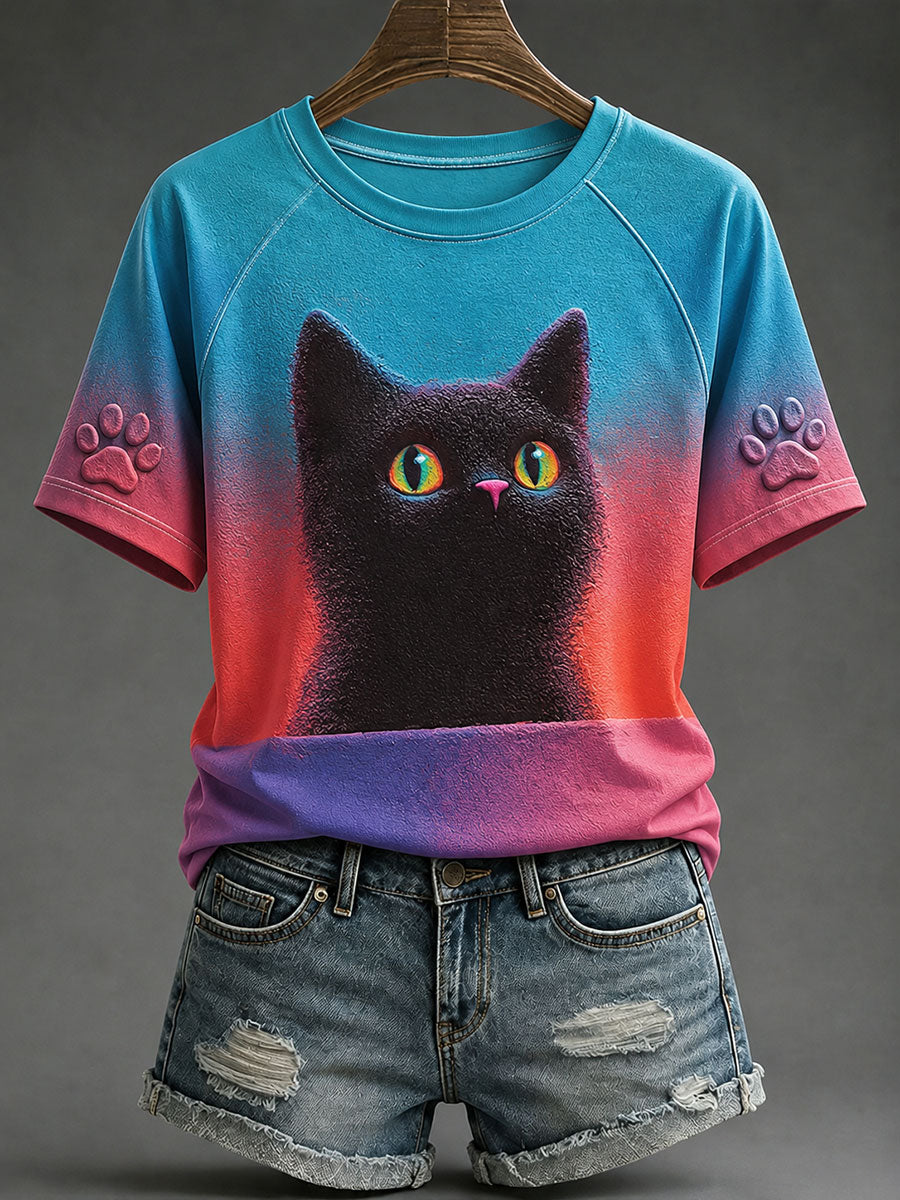Women's Black Cat Print Casual T-Shirts