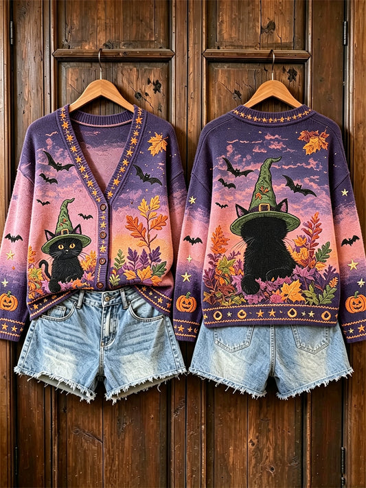Women's Vintage Halloween Black Cat Pumpkin Fall Landscape Print Cardigan