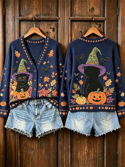 Women's Vintage Halloween Black Cat Pumpkin Fall Leaves Print Cardigan
