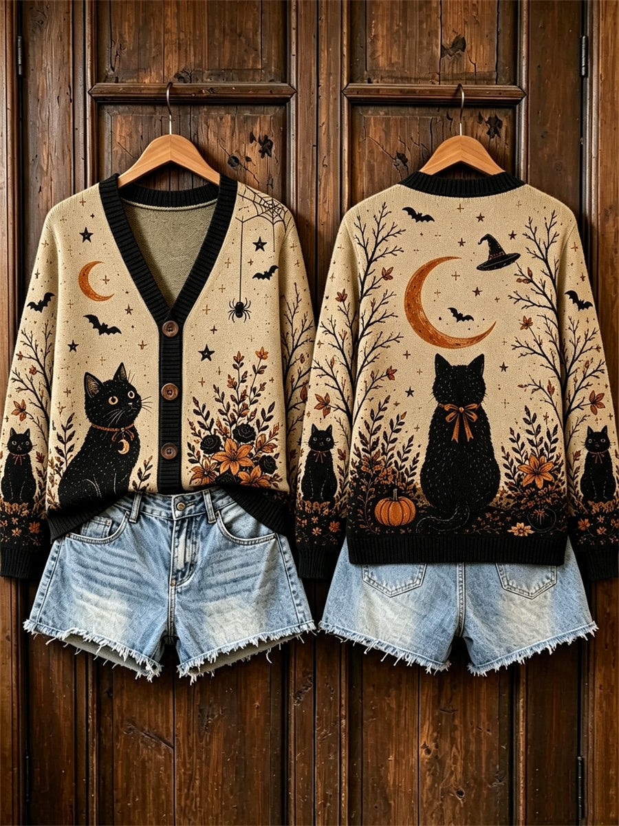 Women's Vintage Halloween Black Cat Pumpkins Floral Print Cardigan