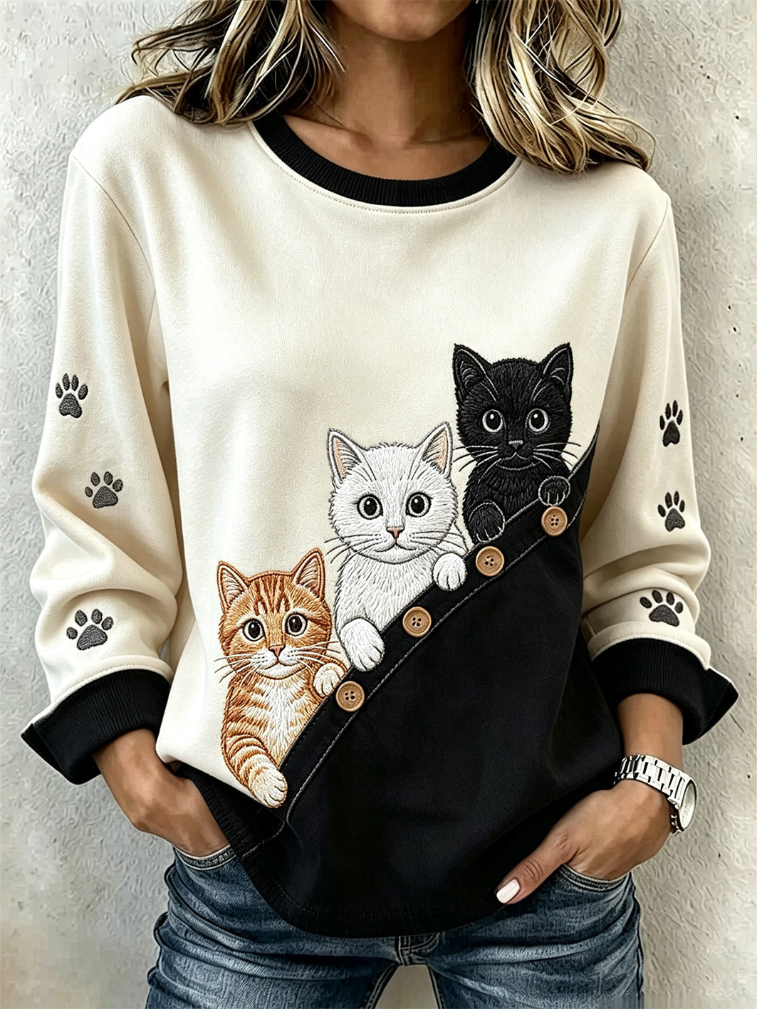 Women's cute cat pattern color-blocked design casual sweatshirt