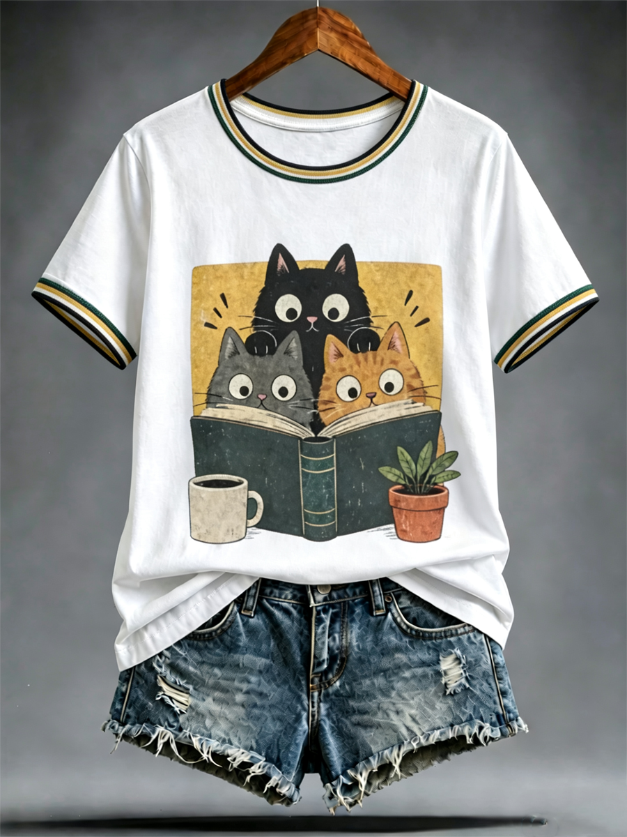 Women's Cute cat print short-sleeved T-shirt