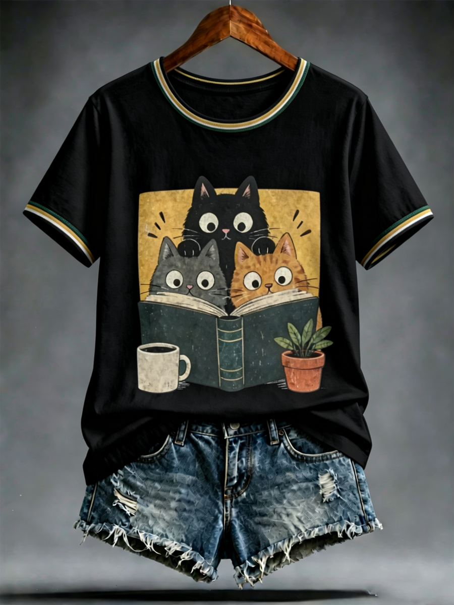 Women's Cute cat print short-sleeved T-shirt