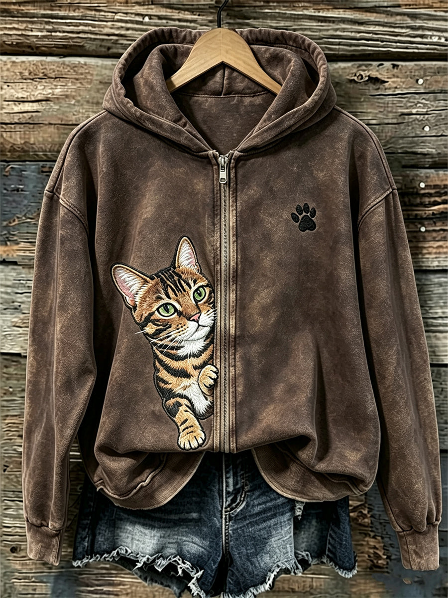 Women's Peeking Tabby Cat & Paw Print Full Zip Cozy Hoodie