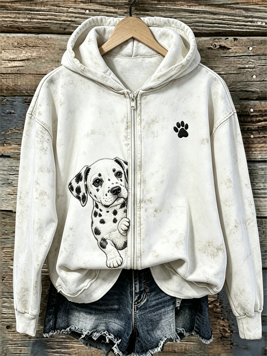 Women's Peeking Dalmatian Dog & Paw Print Full Zip Cozy Hoodie
