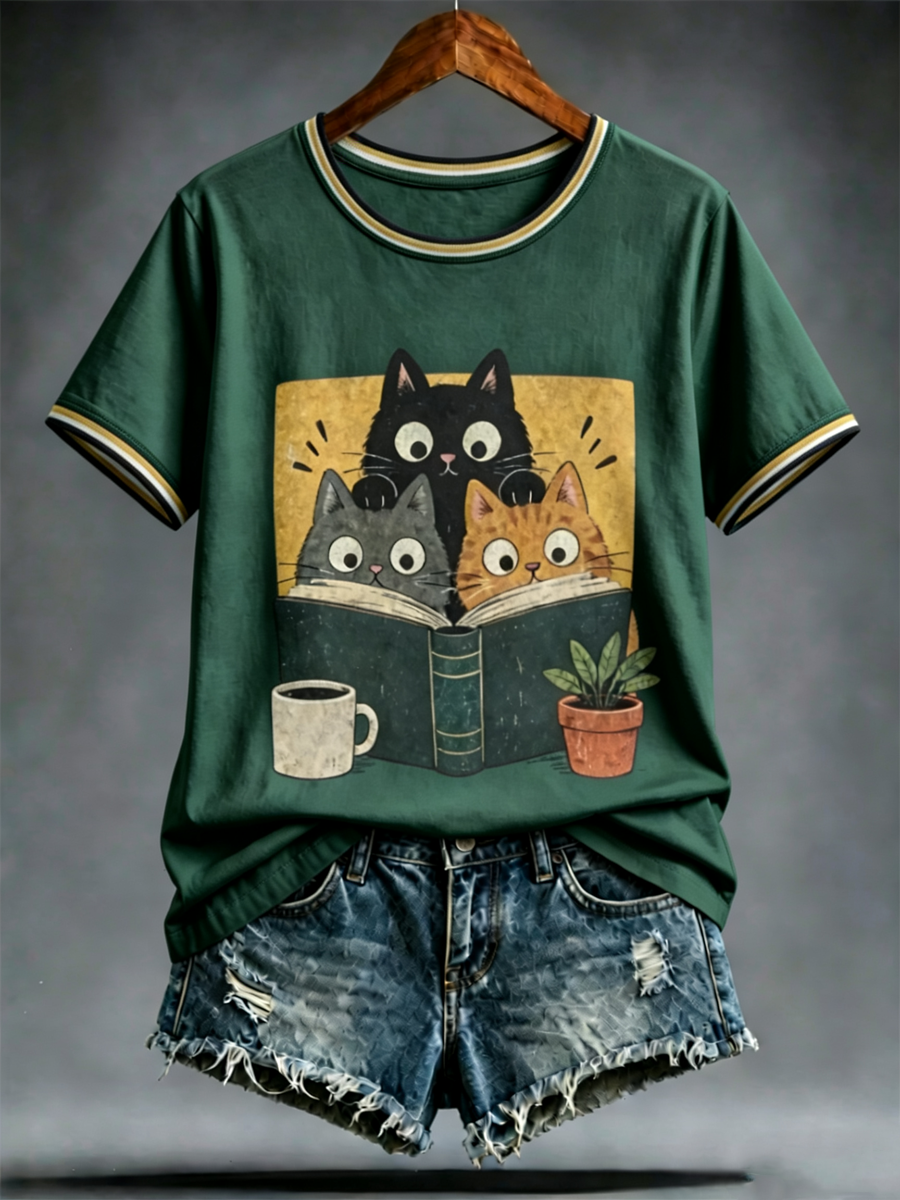 Women's Cute cat print short-sleeved T-shirt