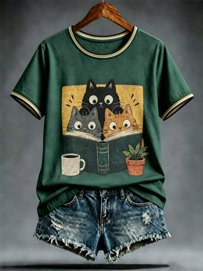 Women's Cute cat print short-sleeved T-shirt