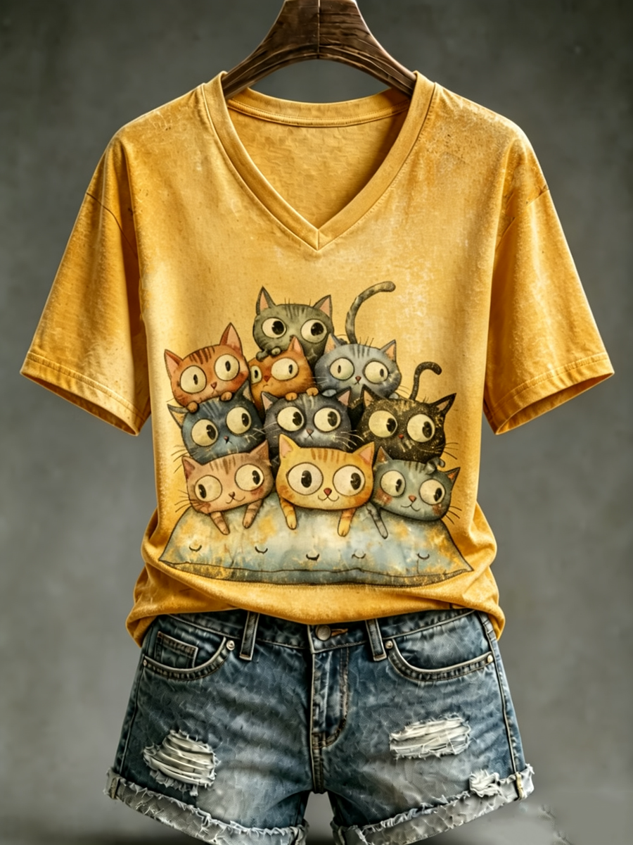 Women's Cute cat print short-sleeved T-shirt