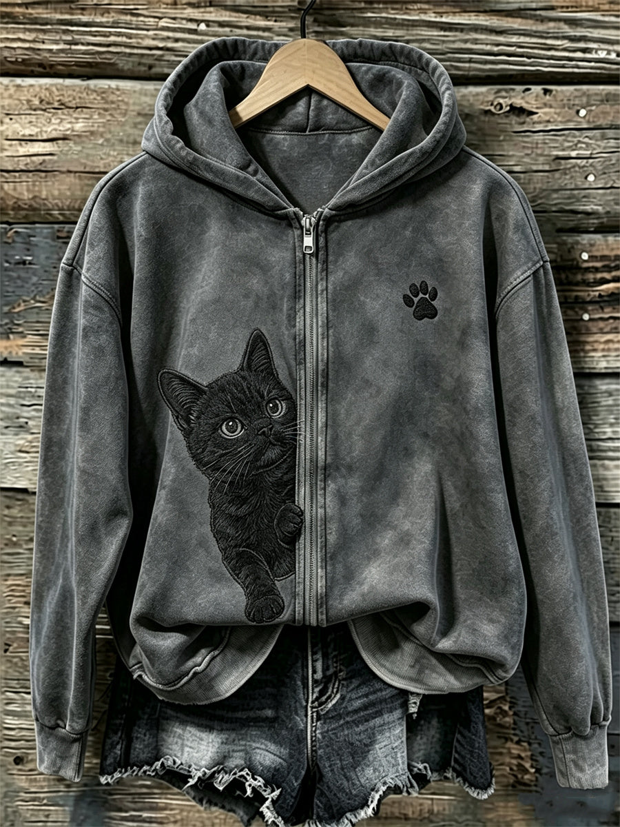 Women's Peeking Black Cat & Paw Print Full Zip Cozy Hoodie