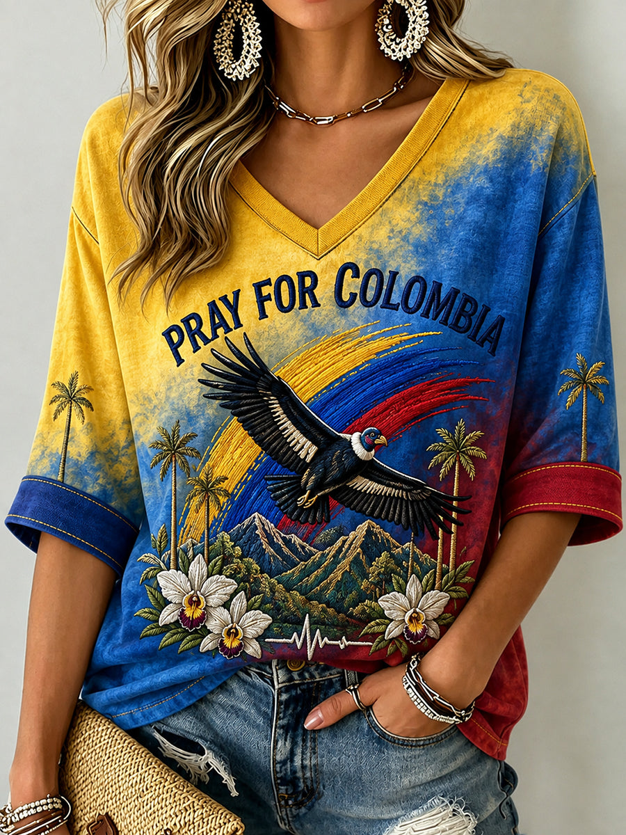 Women's Western Colombia Earthquake Pray For Colombia Print Mid-length Sleeves T-Shirt