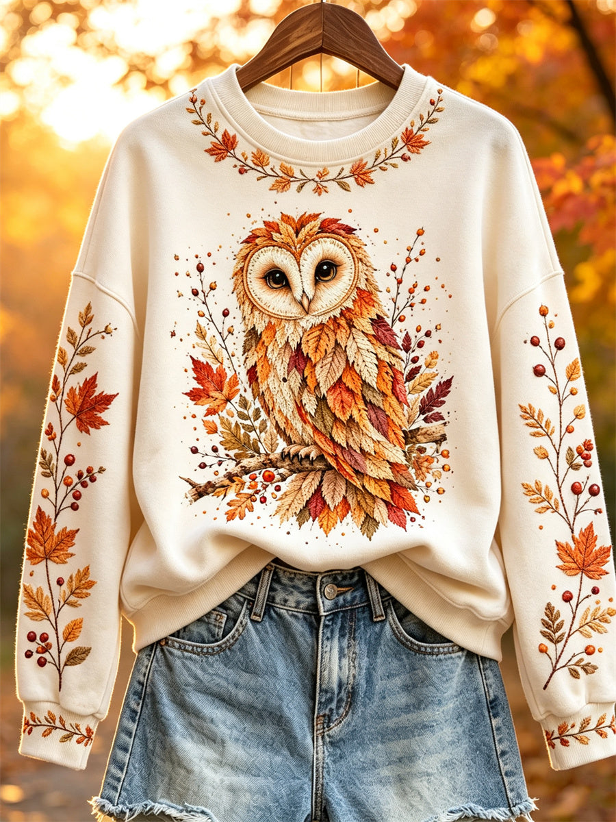 Women's Owl Fall Leaves Art Forest Plants Print Sweatshirt