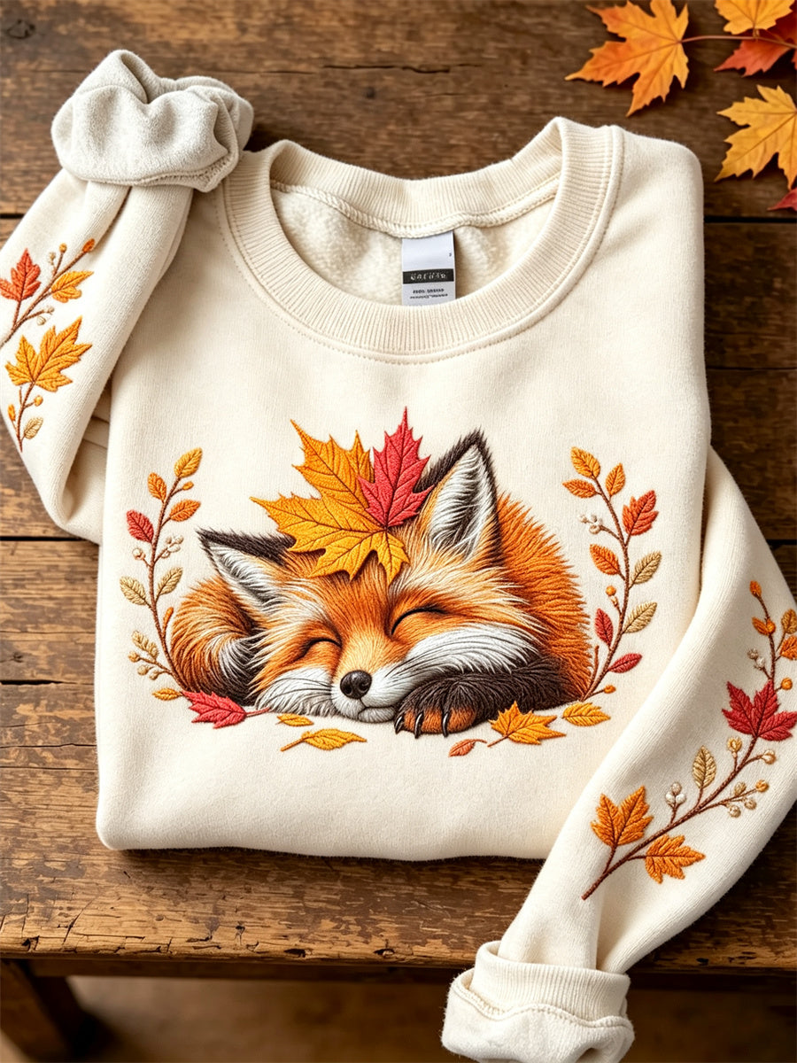 Women's Sleeping Fuzzy Fox Fall Forest Plants Art Print Sweatshirt