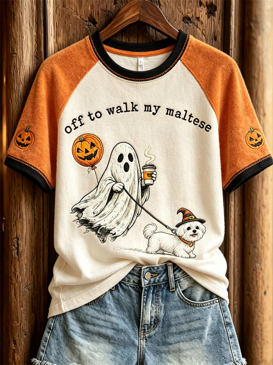 Women's Halloween Ghost Off to Walk My Maltese Print short sleeve T-shirt