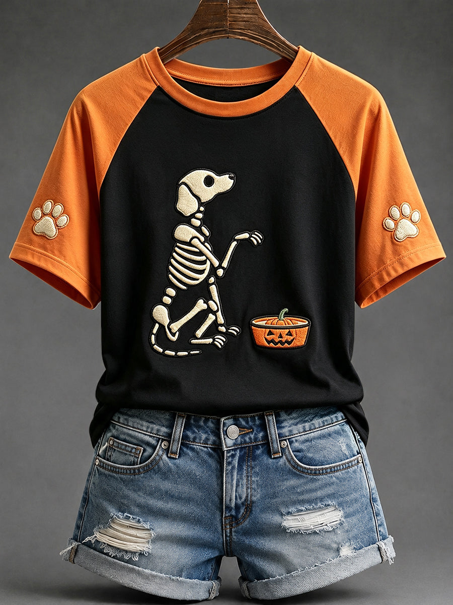 Women's Halloween Skull Dog Print Round Neck Short Sleeve T-shirt