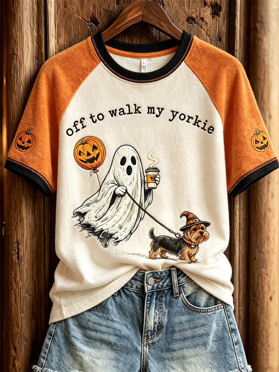Women's Halloween Ghost Off to Walk My Yorkie Print short sleeve T-shirt