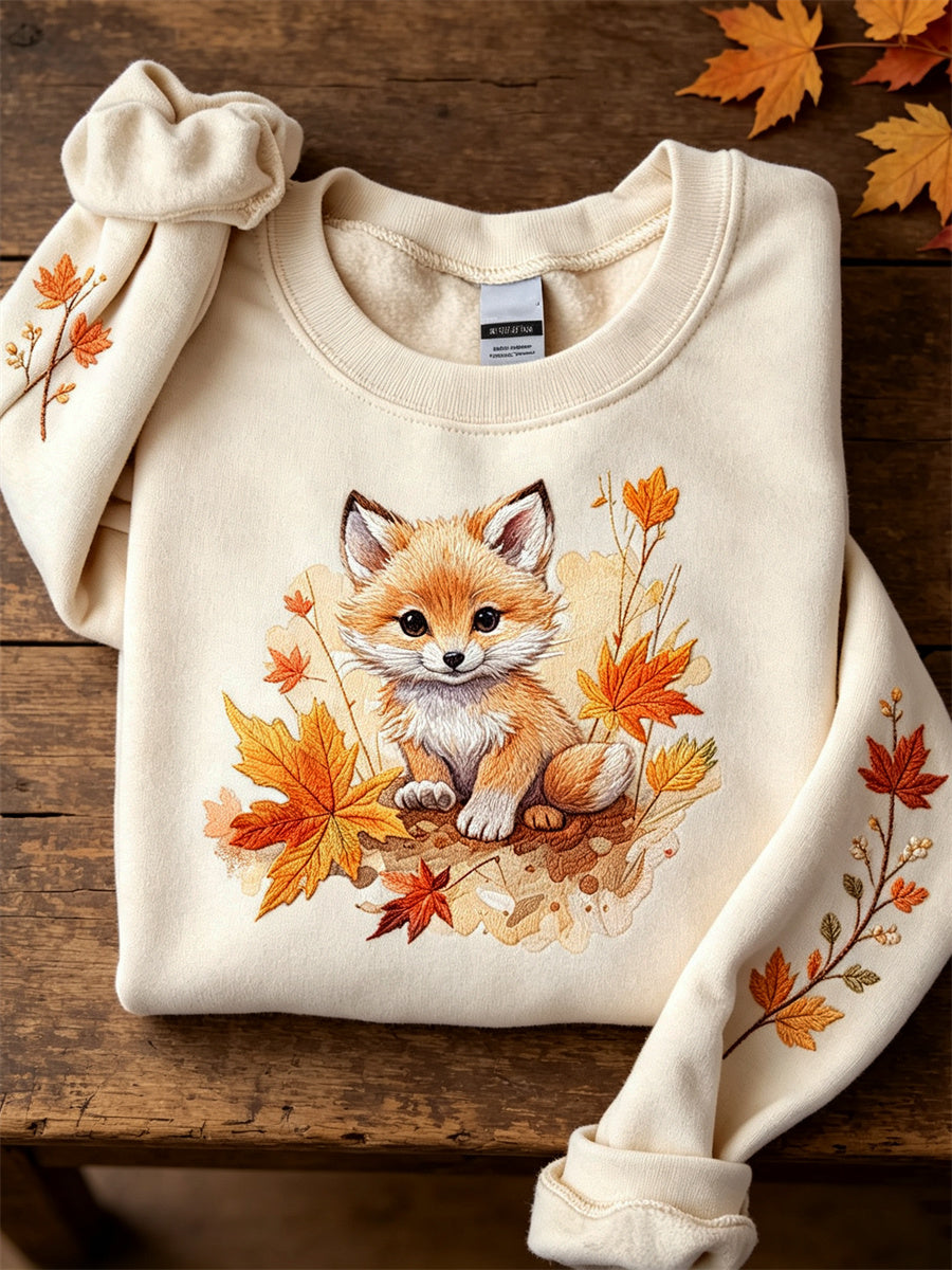Women's Fuzzy Fox Fall Forest Plants Art Print Sweatshirt