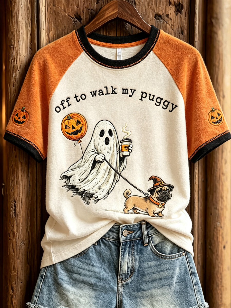 Women's Halloween Ghost Off to Walk My Puggy Print short sleeve T-shirt