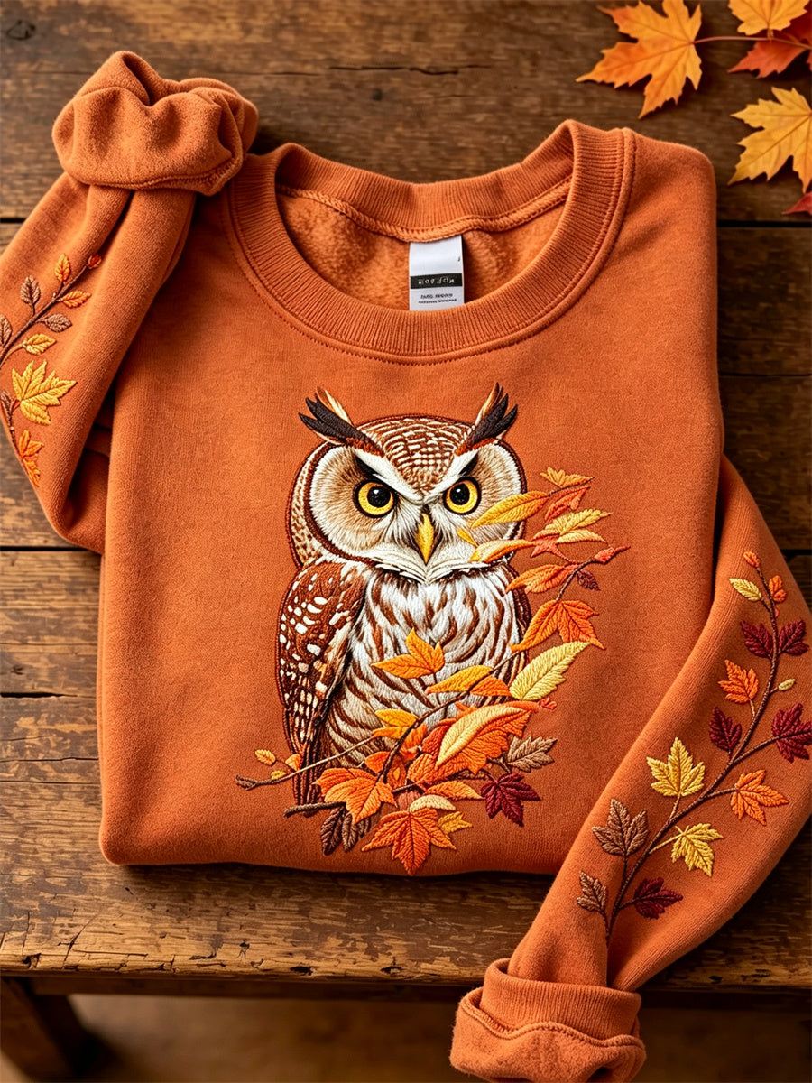 Women's Forest Owl & Fall Leaves Print Sweatshirt