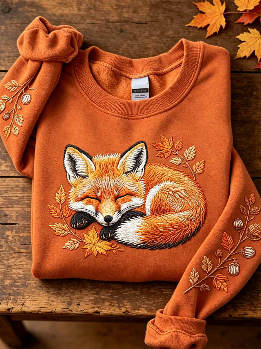 Women's Sleeping Fuzzy Fox Fall Leaves Forest Plants Print Sweatshirt