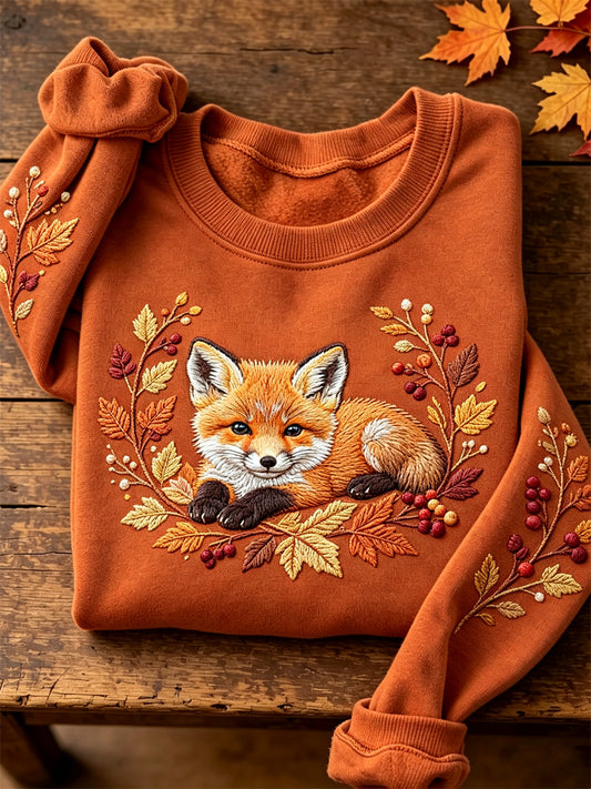 Women's Fuzzy Fox Fall Forest Plants Art Print Sweatshirt