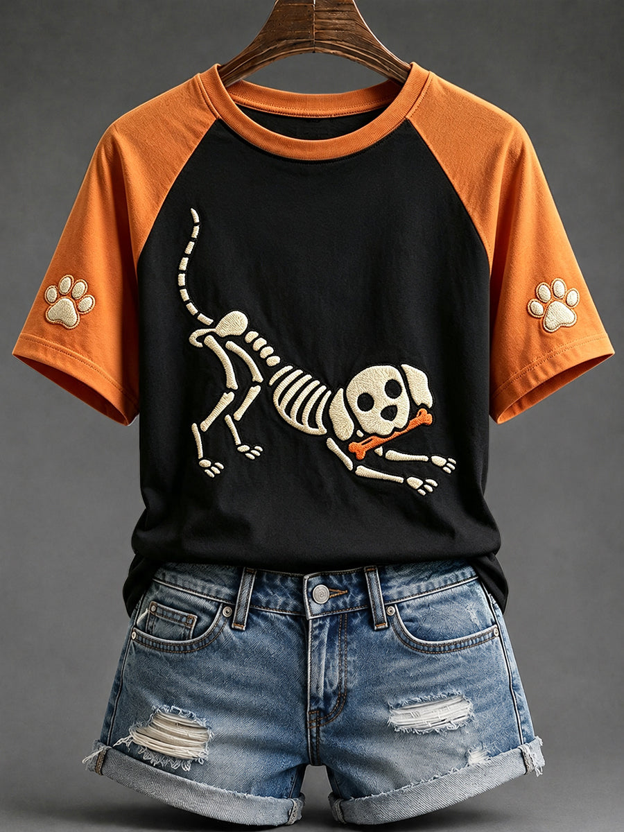 Women's Halloween Skull Dog Print Round Neck Short Sleeve T-shirt