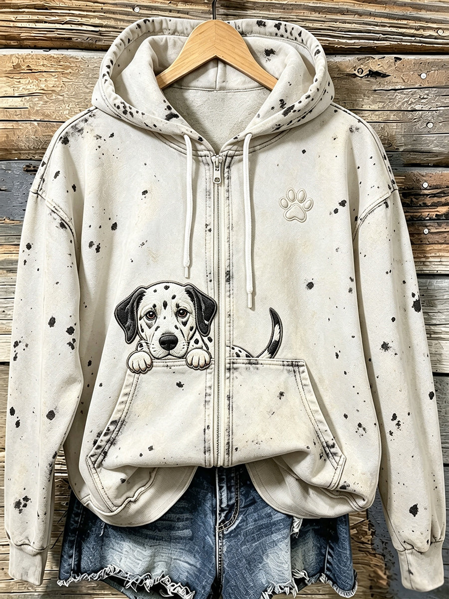 Women's Cute Dalmatian with Paw Print Cozy Zip-Up Hoodie