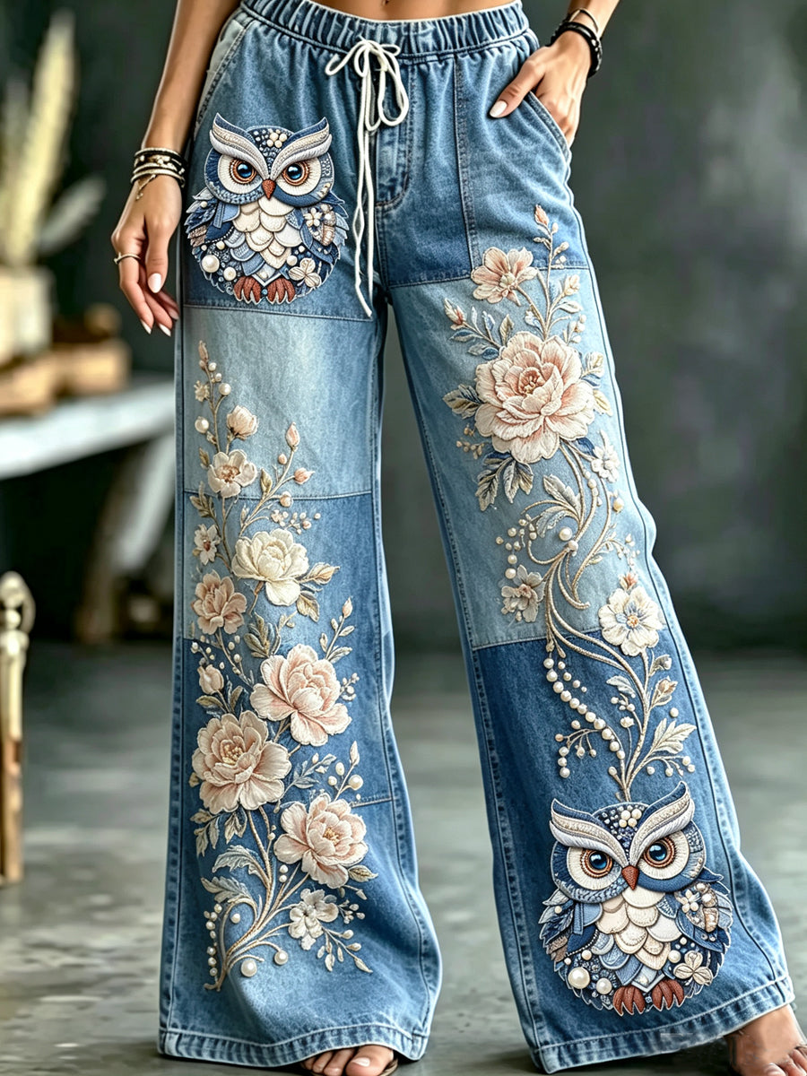 Women's Owl Art Print Flared Trousers