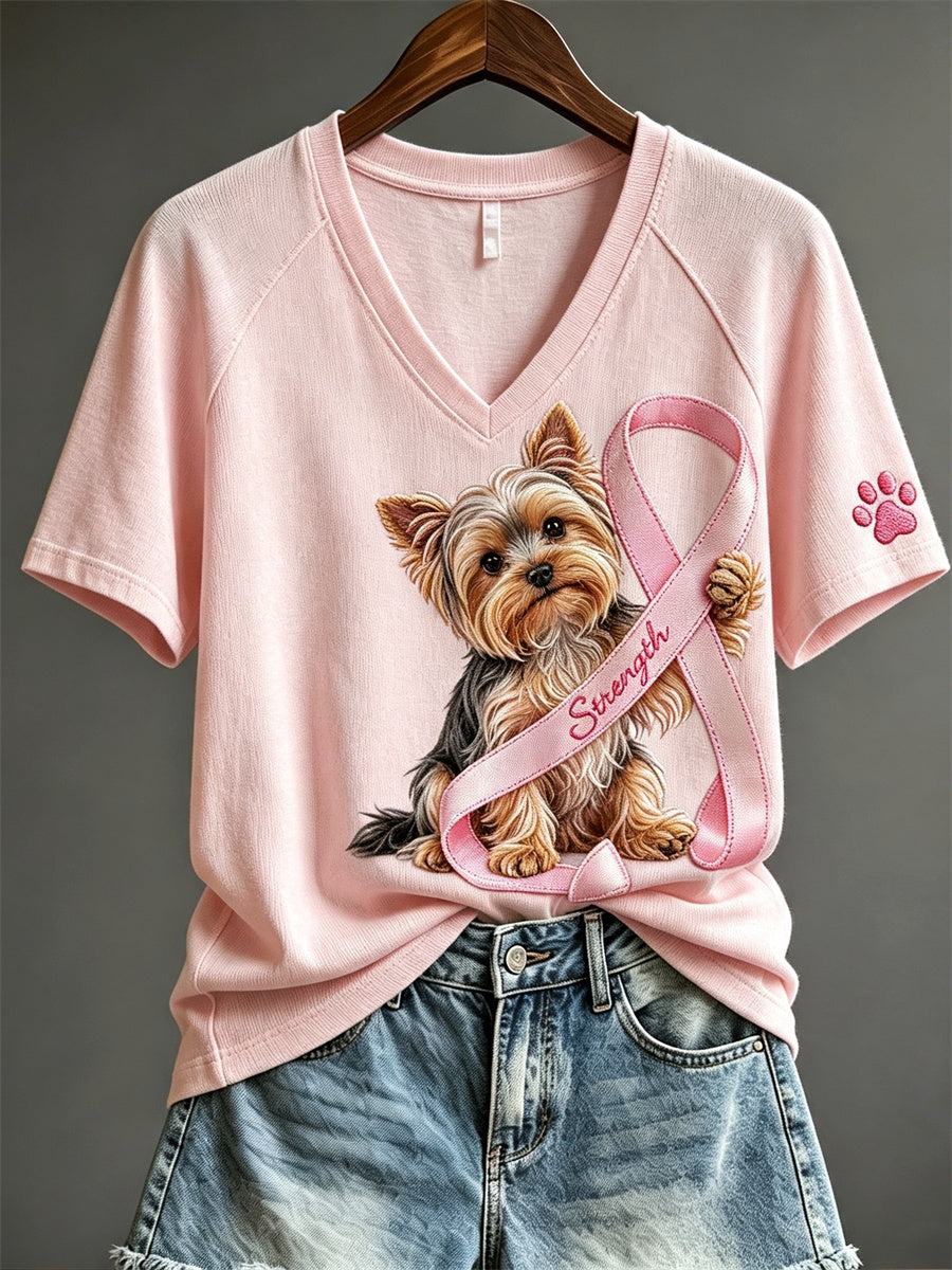 Women's Strength Pink Ribbon Yorkshire Dog & Paw Print short-sleeved T-shirt
