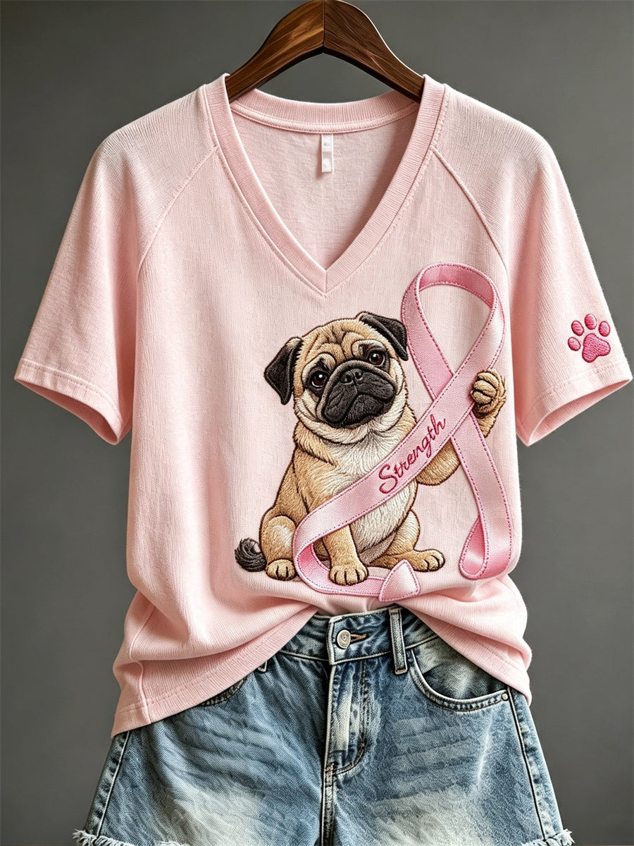 Women's Strength Pink Ribbon Pug Dog & Paw Print short-sleeved T-shirt
