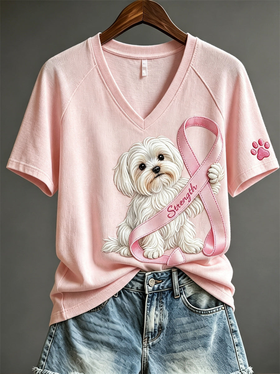 Women's Strength Pink Ribbon Maltese Dog & Paw Print short-sleeved T-shirt