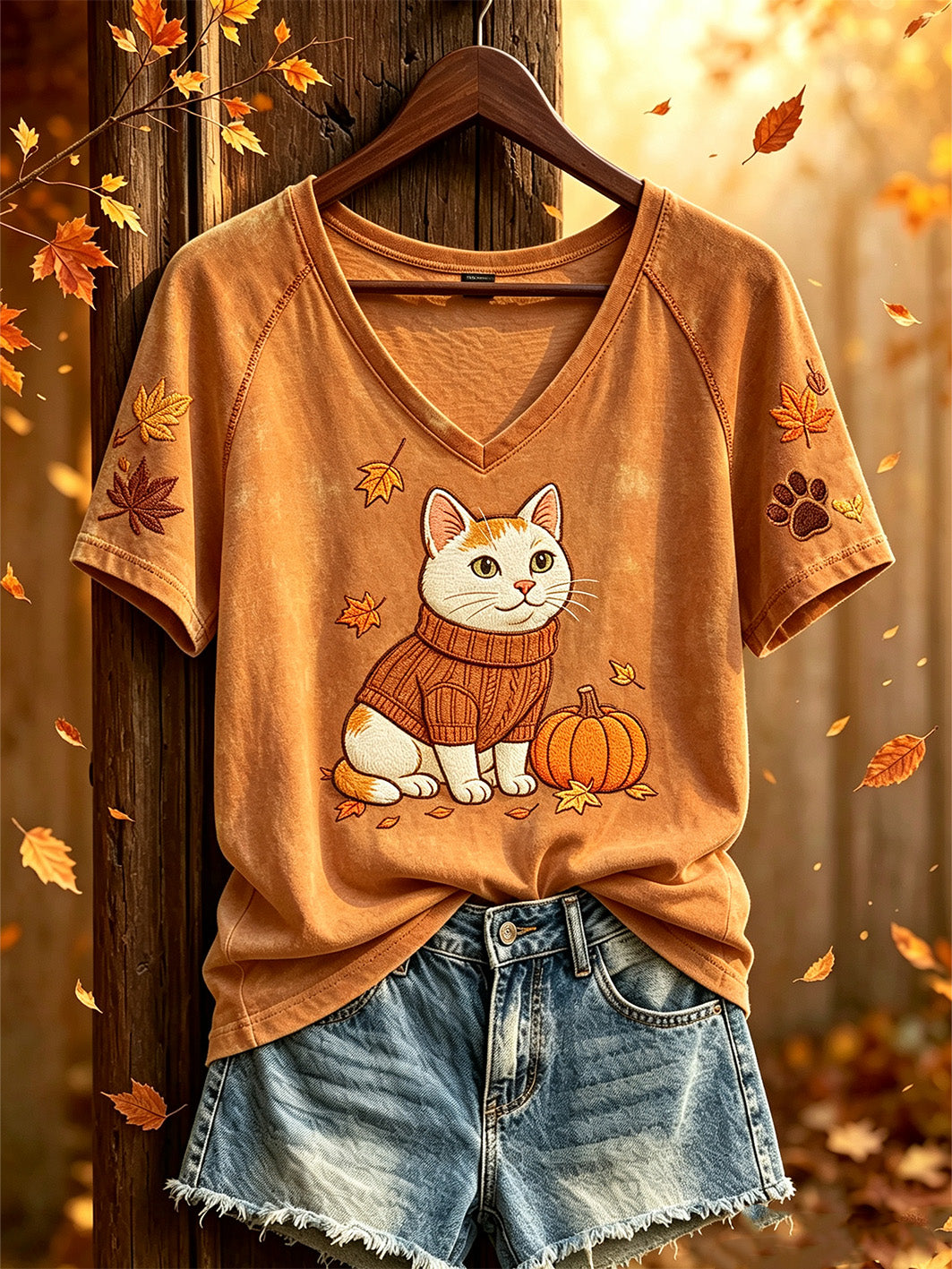 Women's Autumn Element Cute Cat Pattern Printed Casual Short-Sleeved T-shirt