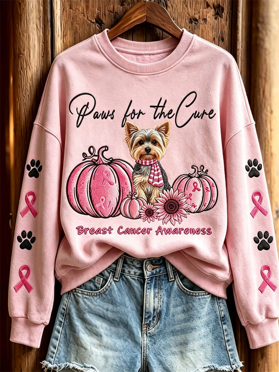 Women's Paws for the Cure Yorkshire Dog & Pink Pumpkins Print Sweatshirt