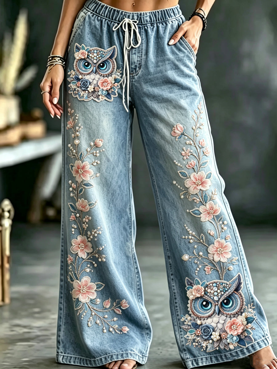 Women's Owl Art Print Flared Trousers