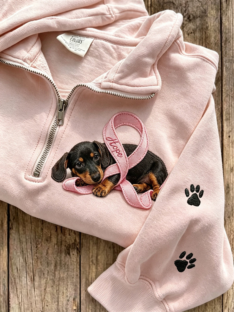 Women's Hope Pink Ribbon Dachshund Dog & Paw Prints Zip Up Sweatshirt