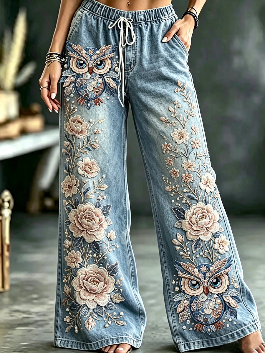 Women's Owl Art Print Flared Trousers