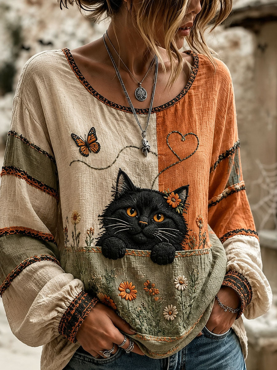 Women’s Cat Lover’s Day Flower Printed Casual Long-Sleeve Shirt
