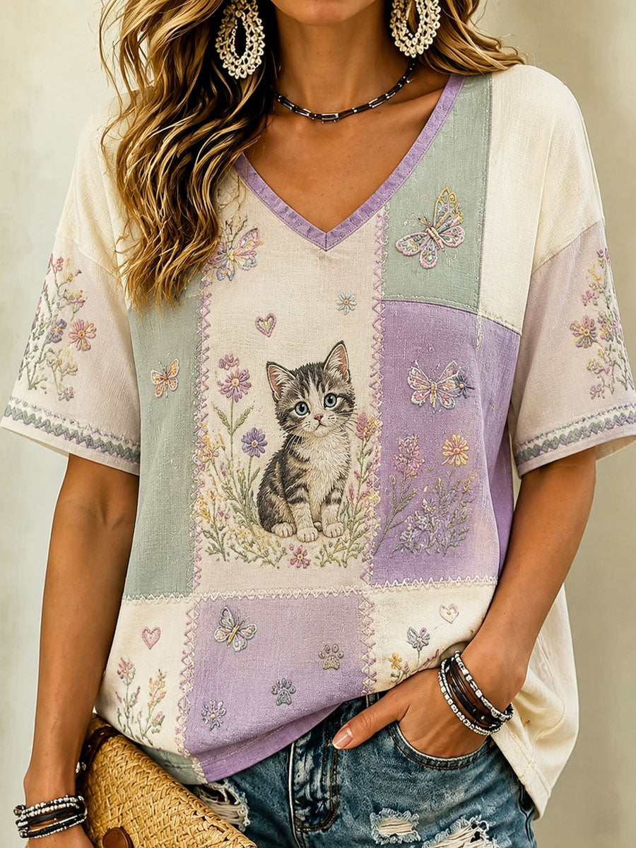 Women’s Cat Lover’s Day Flower Printed Casual V-Neck T-Shirt