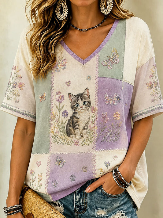 Women’s Cat Lover’s Day Flower Printed Casual V-Neck T-Shirt