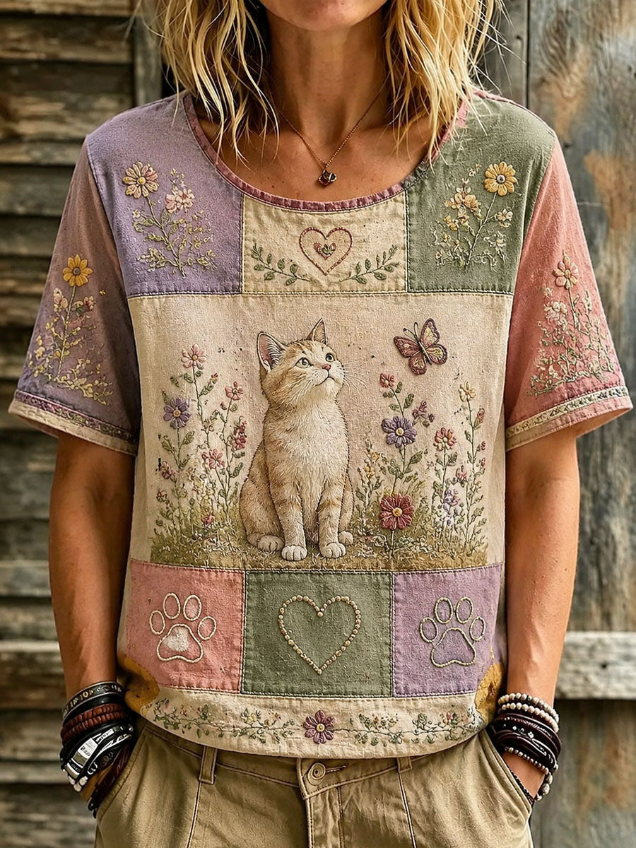 Women’s Cat Lover’s Day Floral Printed Casual T-Shirt