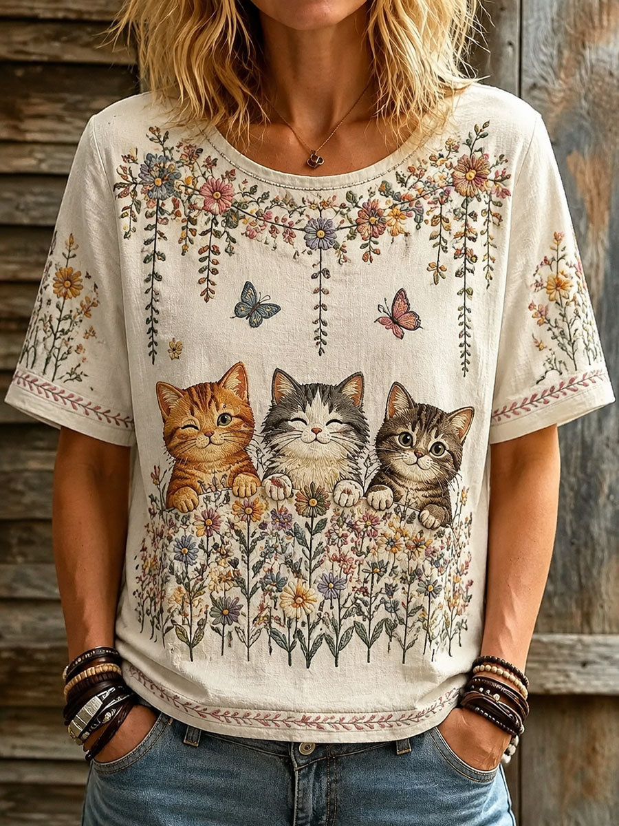 Women’s Cat Lover’s Day Floral Printed Casual T-Shirt