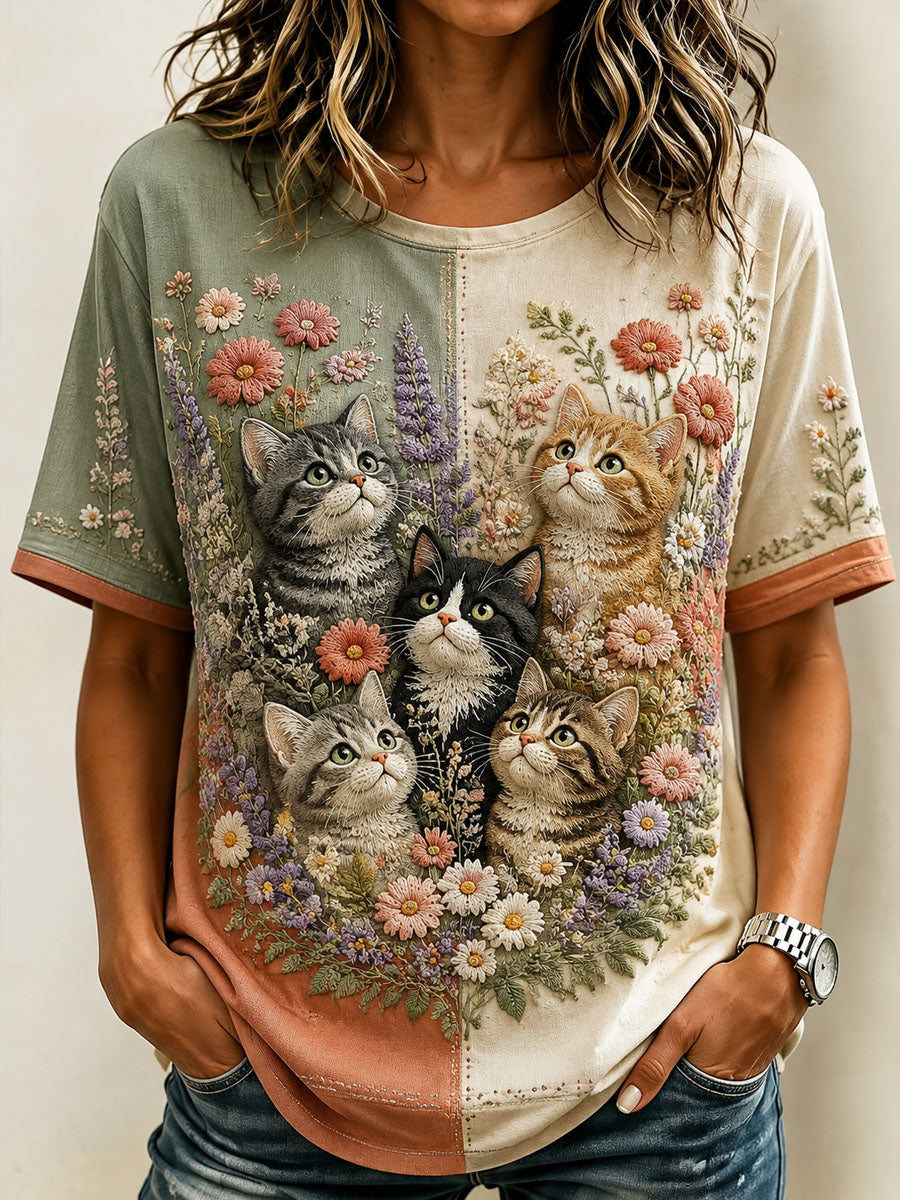 Women’s Cat Lover’s Day Floral Printed Casual T-Shirt