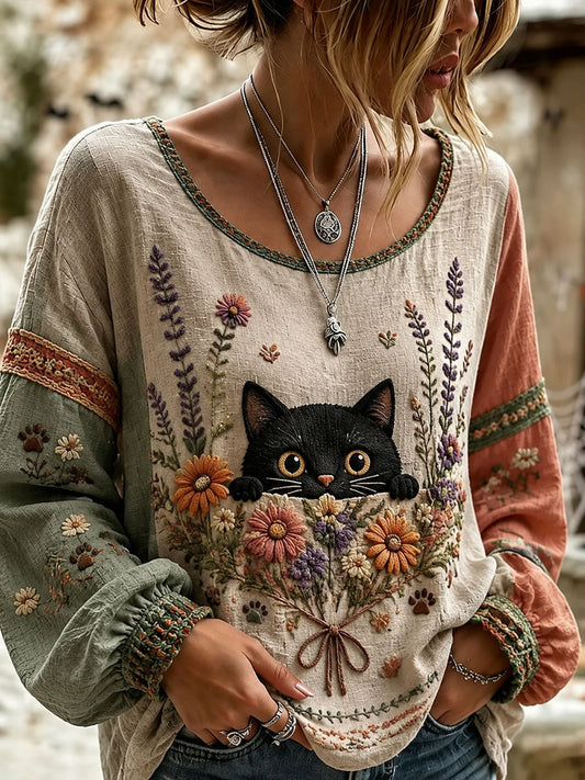 Women’s Cat Lover’s Day Flower Printed Casual Long-Sleeve Shirt