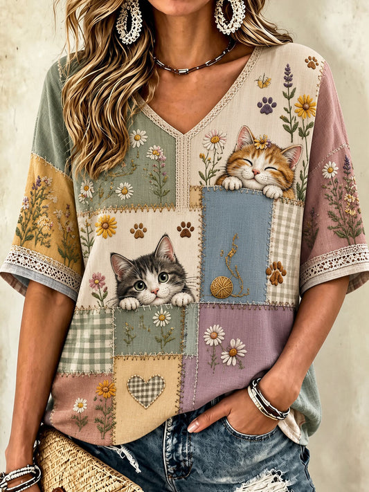 Women’s Cat Lover’s Day Flower Printed Casual V-Neck T-Shirt