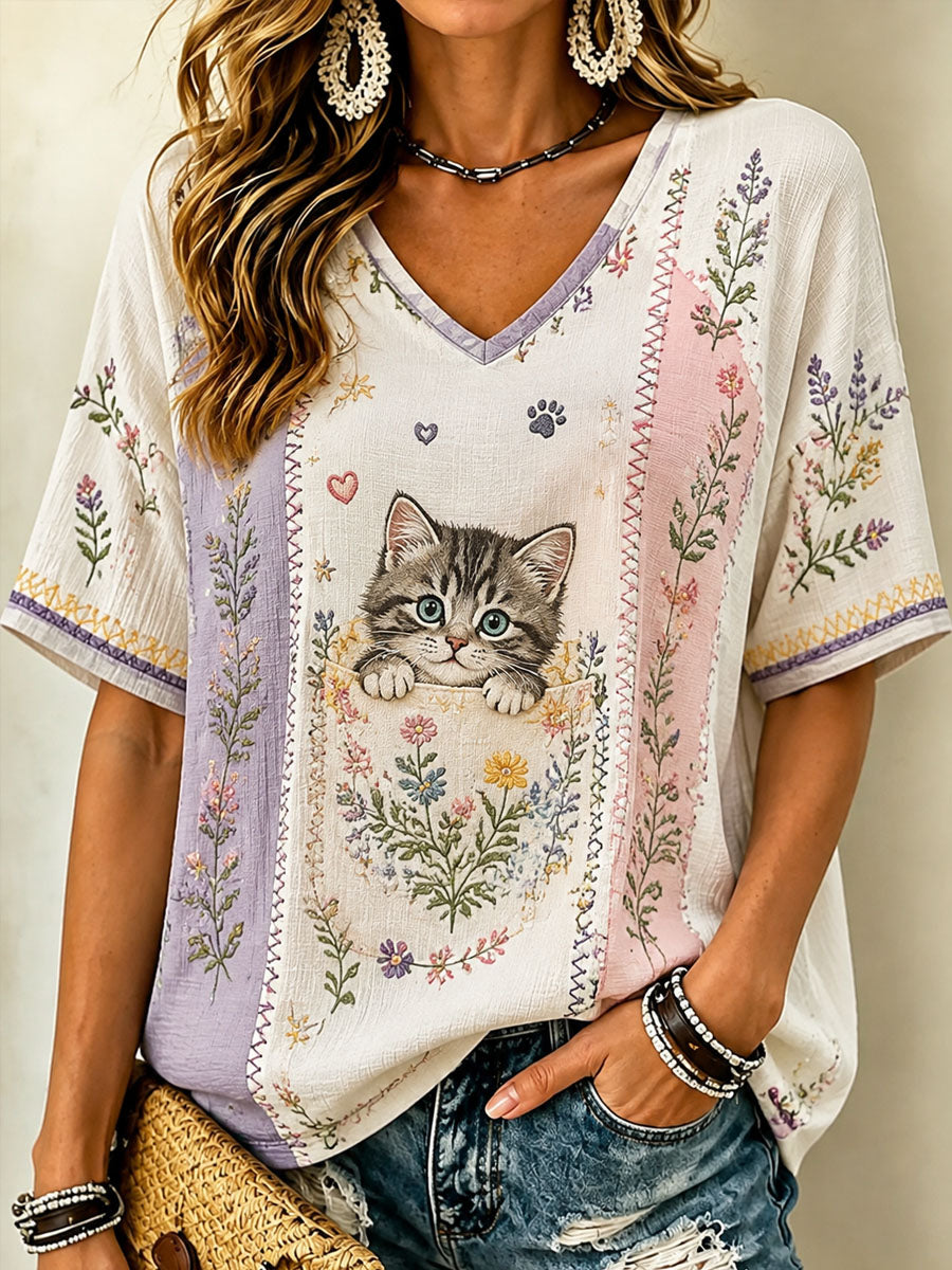 Women’s Cat Lover’s Day Flower Printed Casual V-Neck T-Shirt