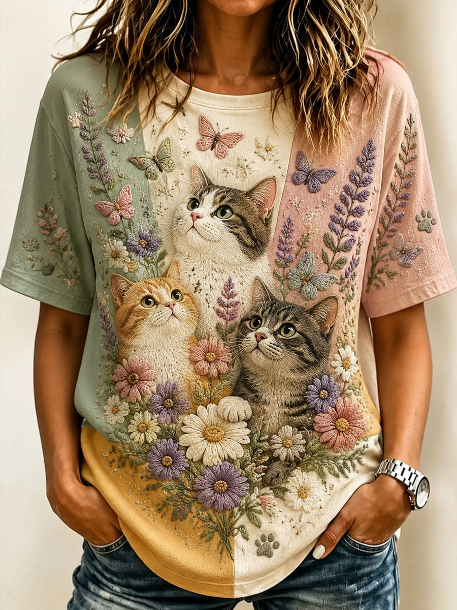 Women’s Cat Lover’s Day Floral Printed Casual T-Shirt