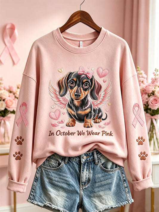 Women's Breast Cancer Theme Cute Dog Pattern Printed Casual  Sweatshirt
