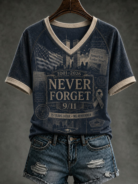 Women's 9.11 Never Forget Printed V-neck T-shirt