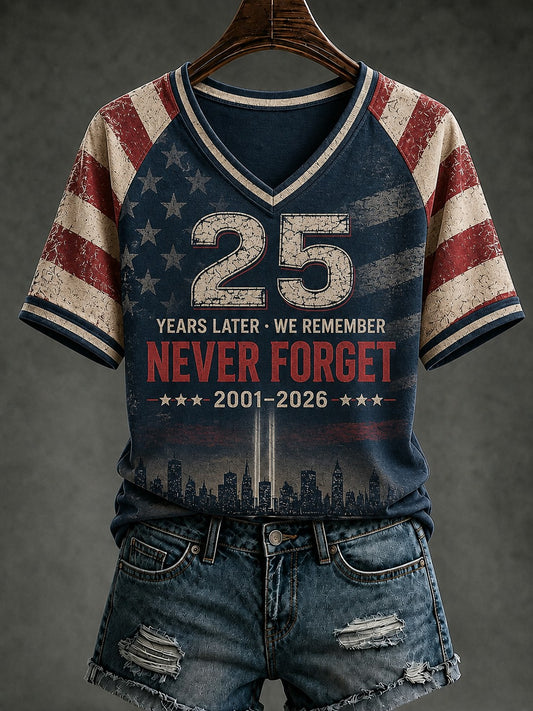 Women's 9.11 Never Forget Printed V-neck T-shirt