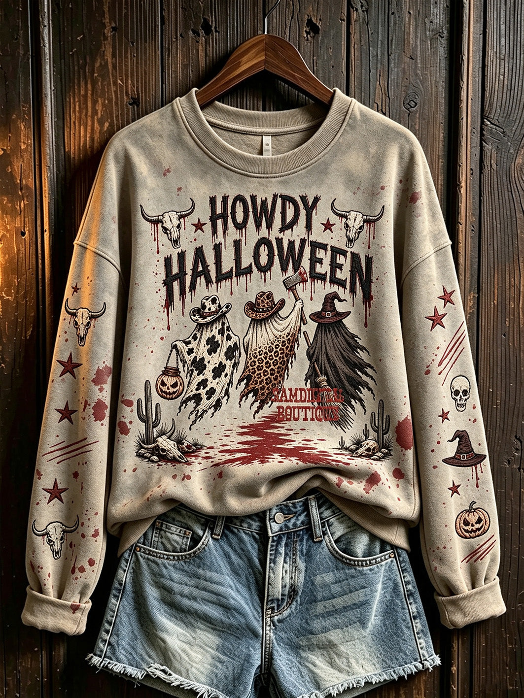 Women's Halloween Western Style Pattern Printed Casual Round Neck Sweatshirt